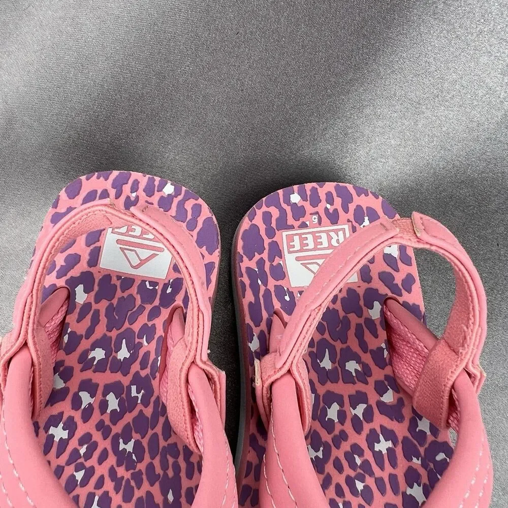 REEF Lil Ahi Toddler's 5 Slingback‎ Sandals Pink Cheetah Summer Flip Flops Beach
